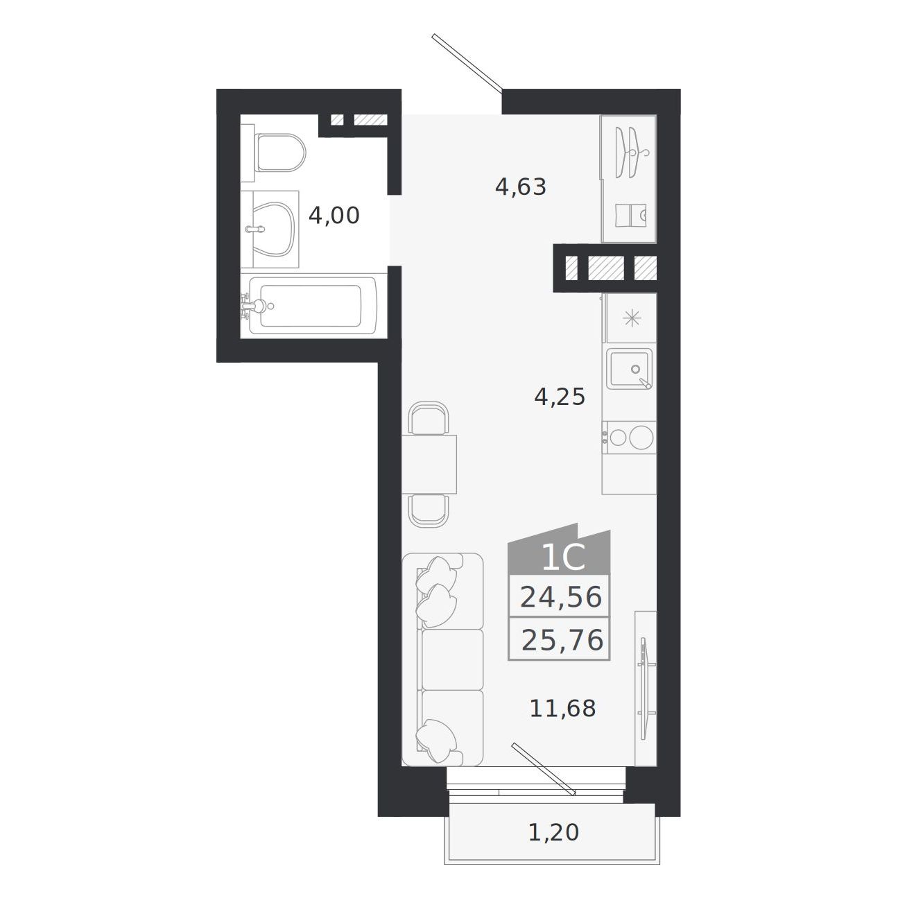 Планировка: Евро-1, 24,56 м²