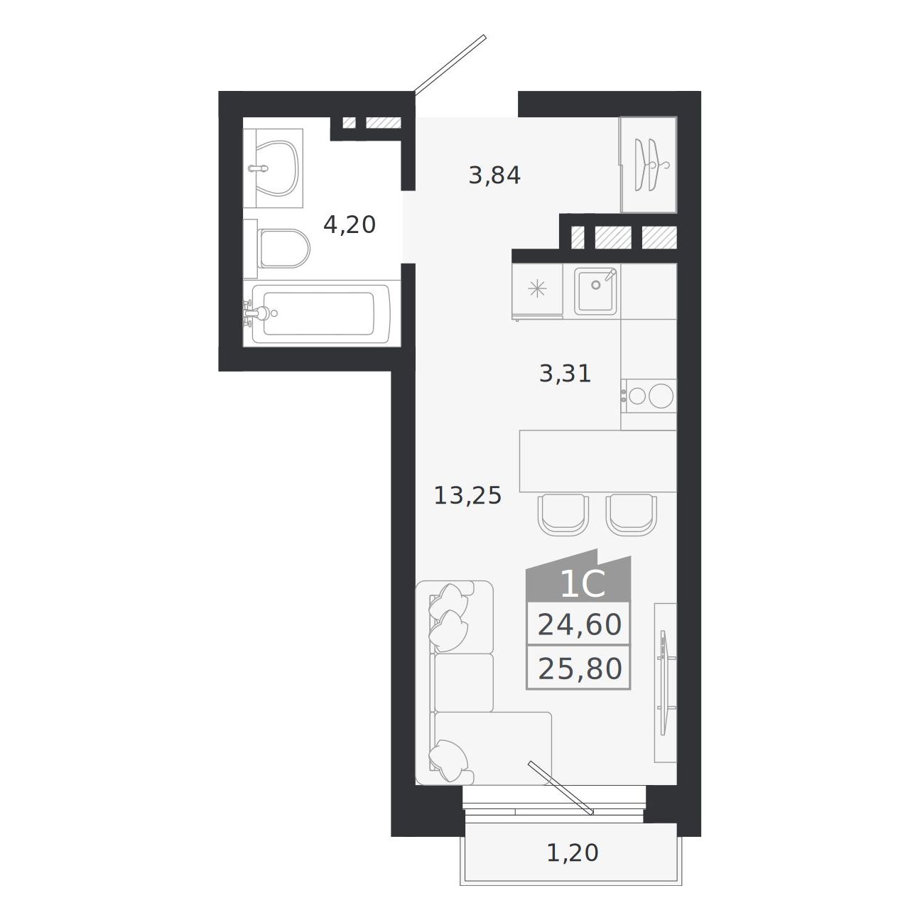 Планировка: Евро-1, 24,6 м²