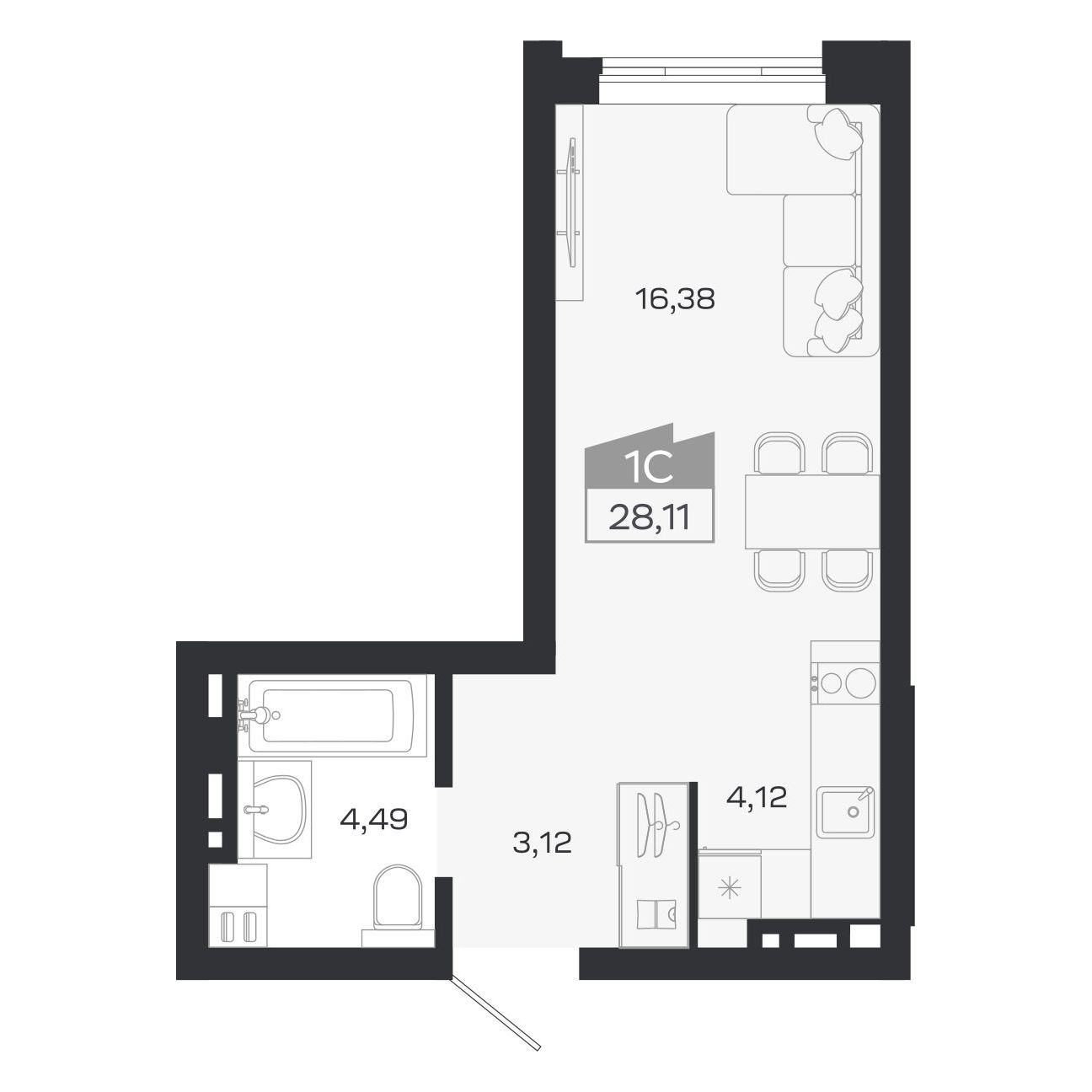 Планировка: Евро-1, 28,11 м²