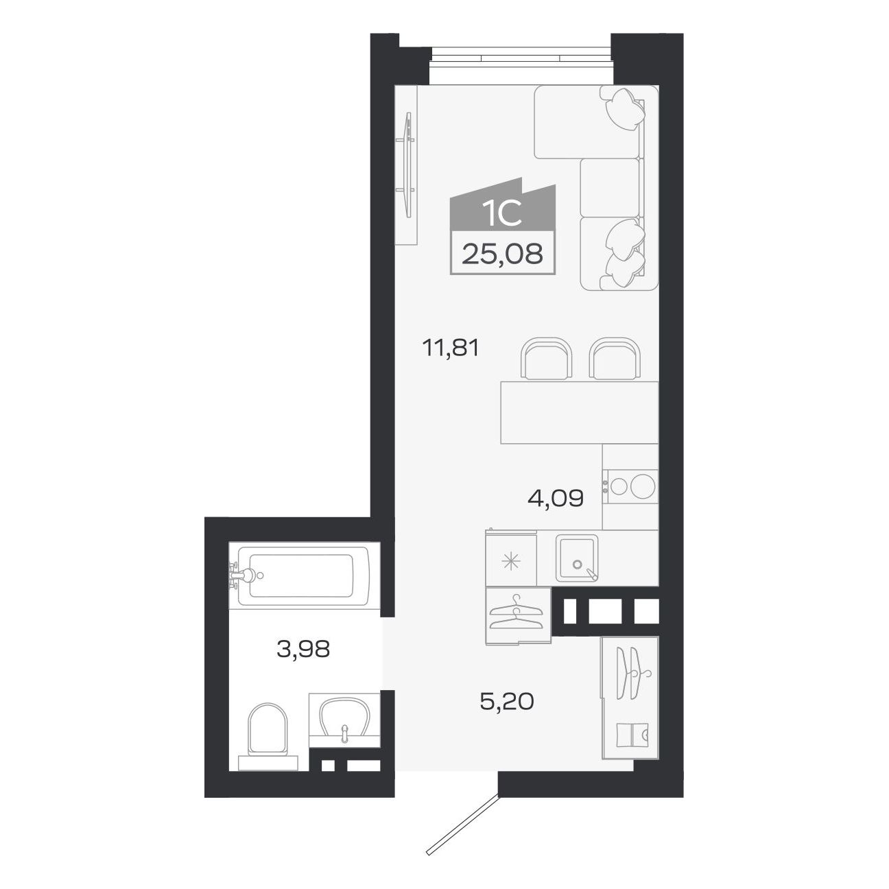 Планировка: Евро-1, 25,08 м²