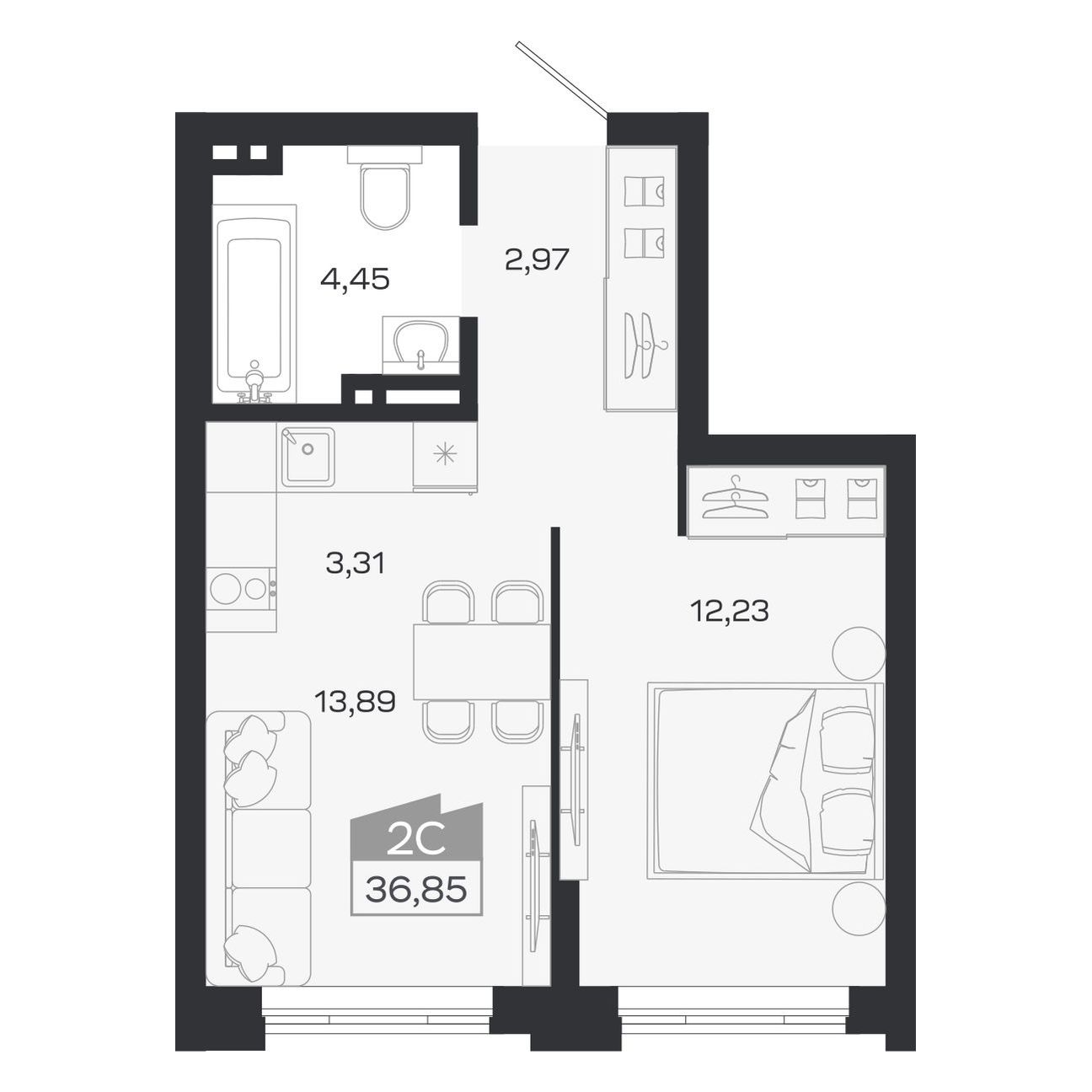 Планировка: Евро-2, 36,85 м²