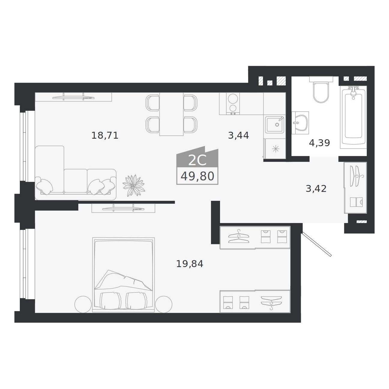 Планировка: 2-комнатная 49,8 м² в ЖК «Ясный берег»
