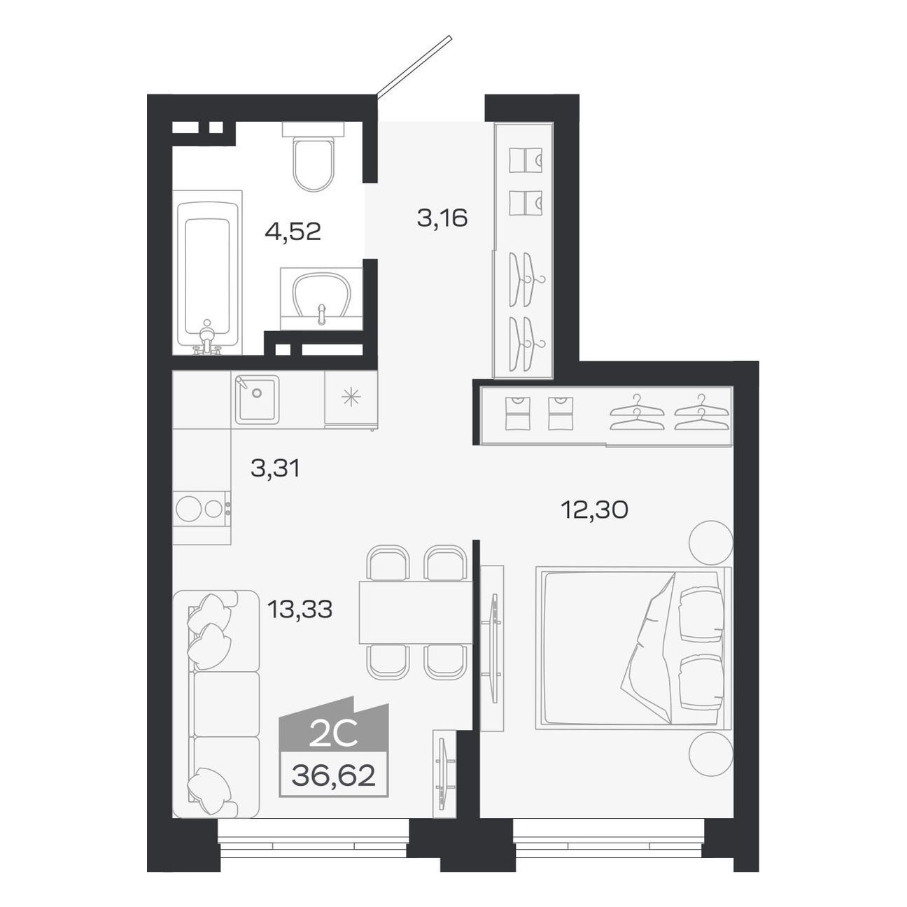 Планировка: Евро-2, 36,62 м²