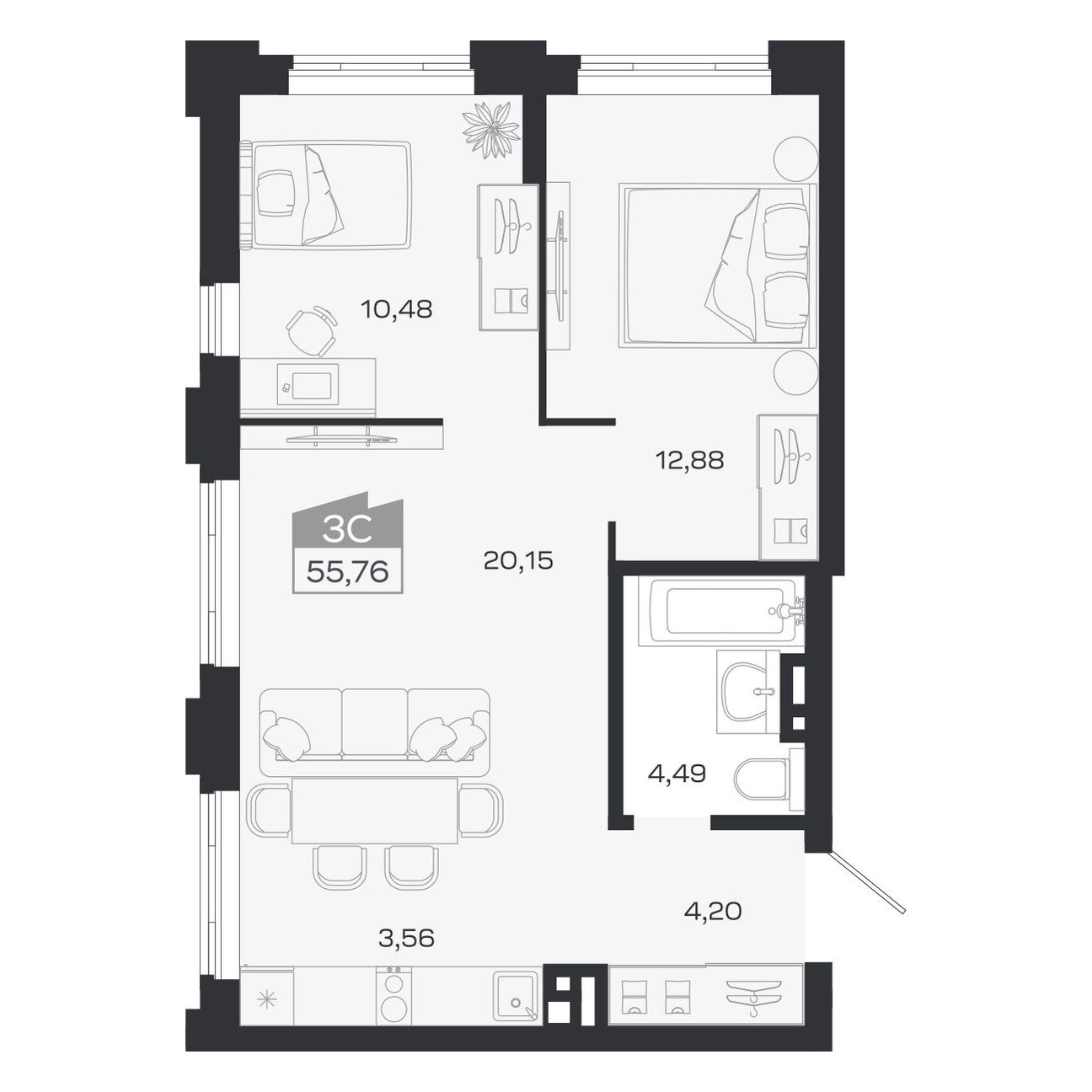 Планировка: 3-комнатная 55,76 м² в ЖК «Ясный берег»