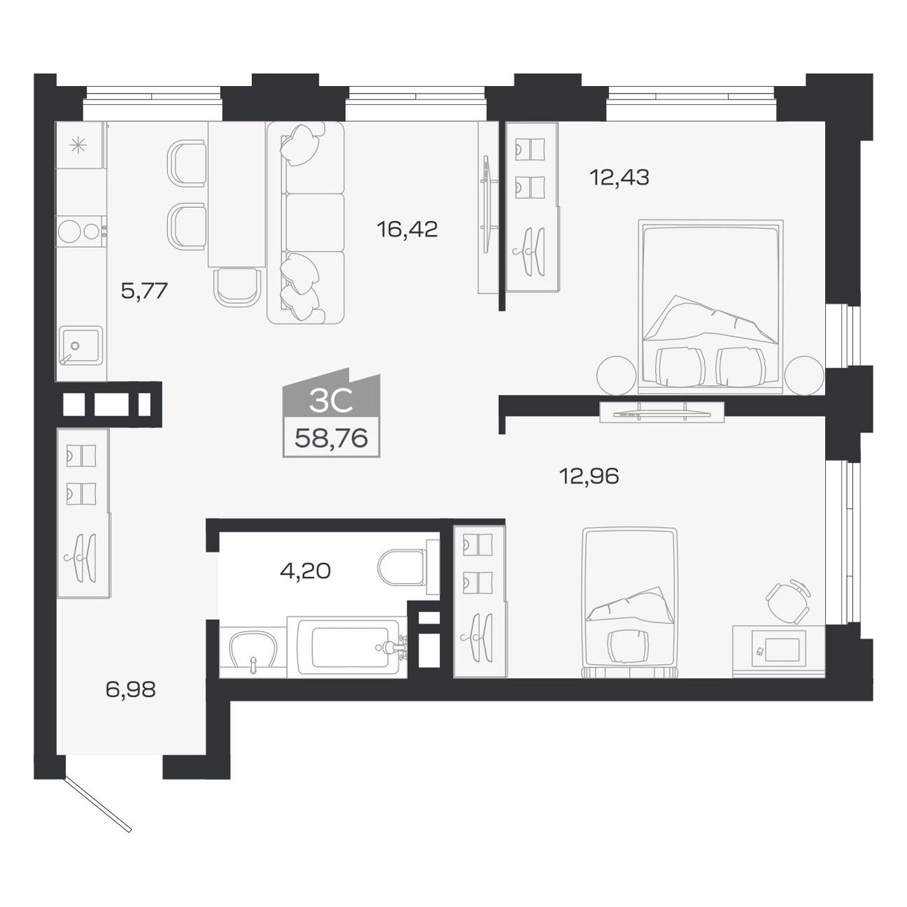 Планировка: 3-комнатная 59,16 м² в ЖК «Ясный берег»
