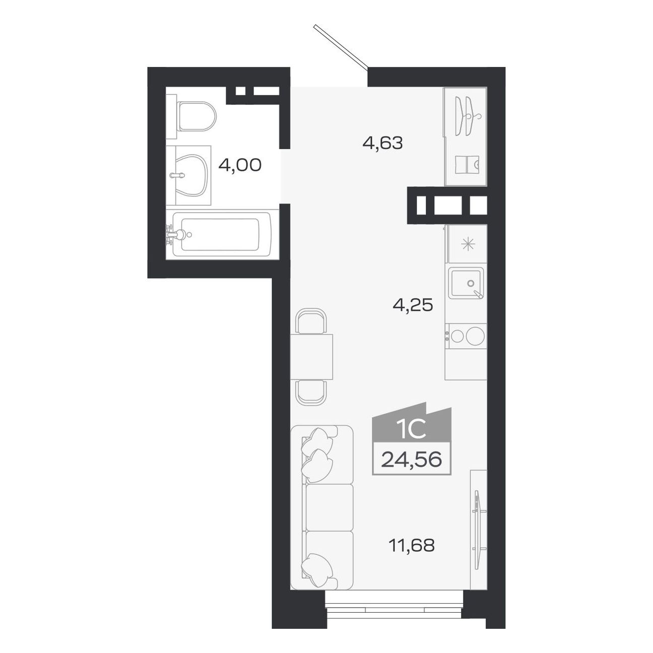 Планировка: Евро-1, 24,56 м²