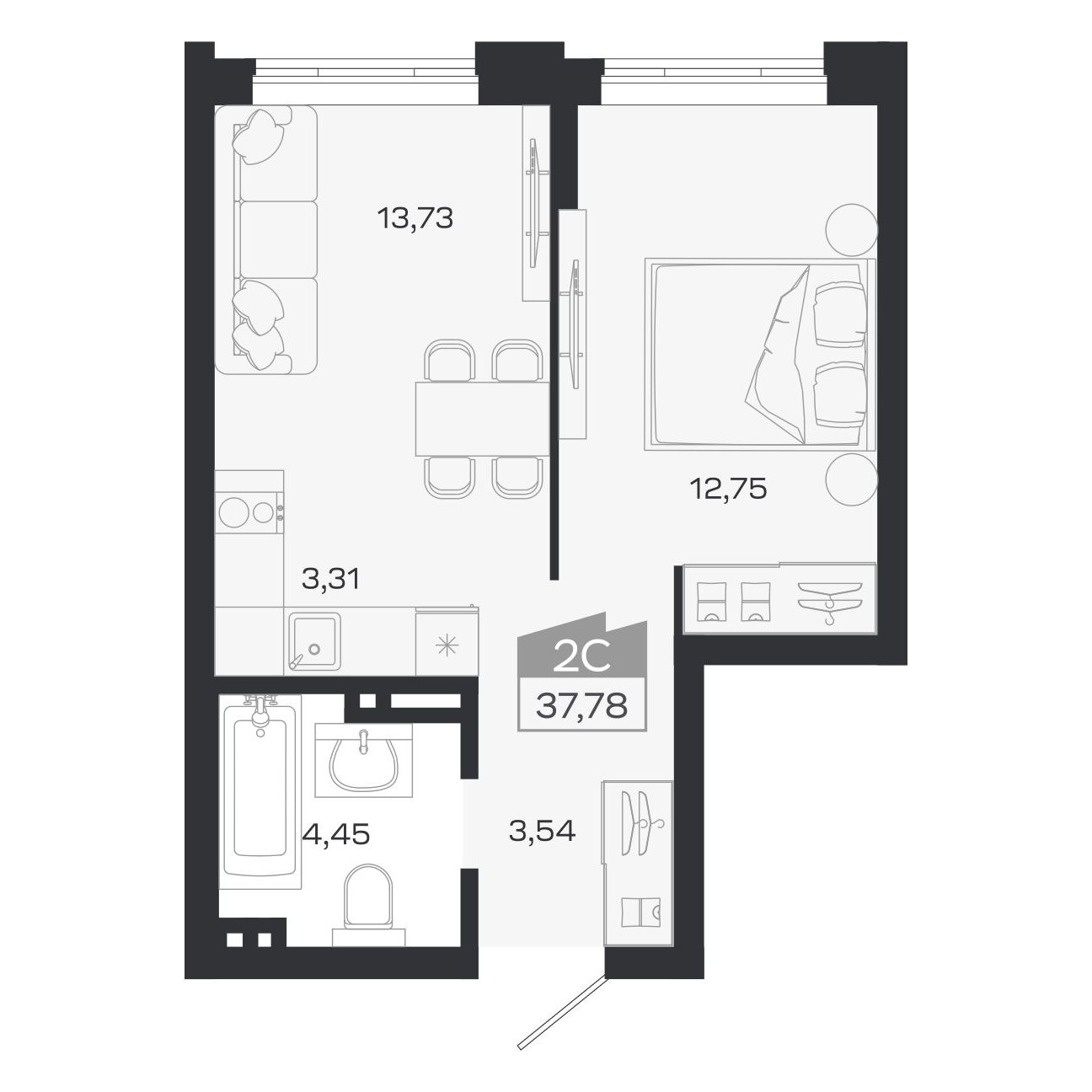 Планировка: Евро-2, 37,78 м²