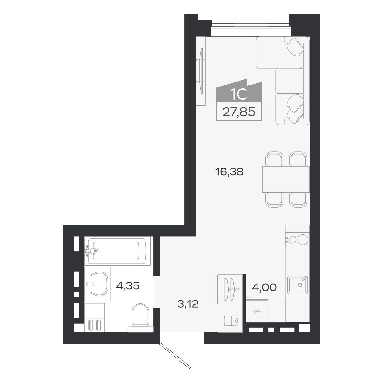 Планировка: Евро-1, 27,85 м²