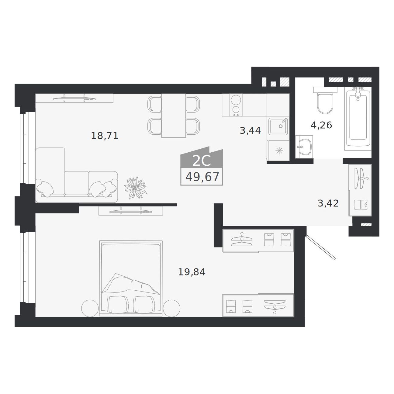 Планировка: 2-комнатная 49,67 м² в ЖК «Ясный берег»