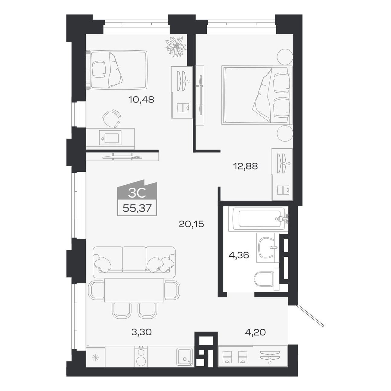 Планировка: 3-комнатная 55,37 м² в ЖК «Ясный берег»