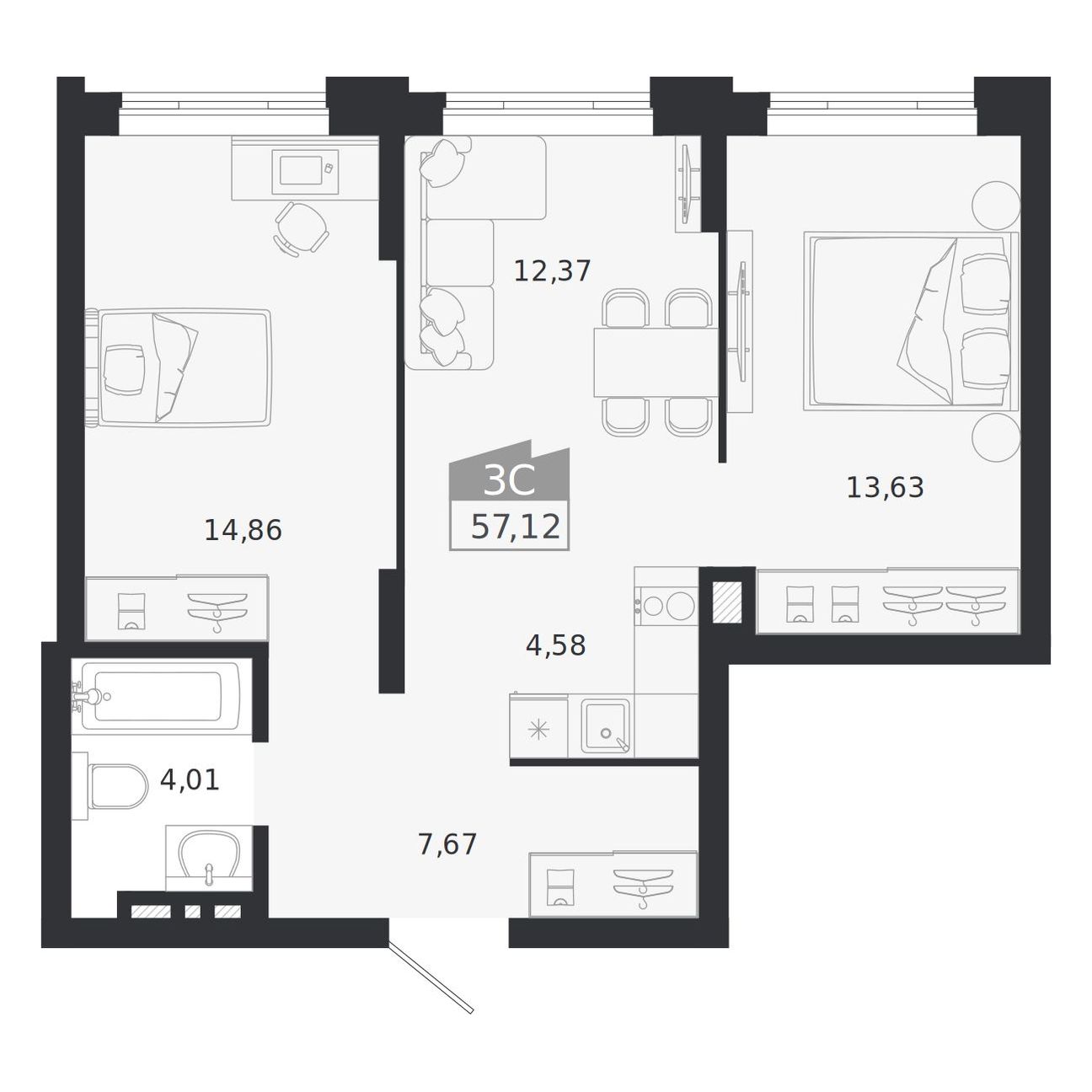 Планировка: 3-комнатная 57,12 м² в ЖК «Ясный берег»