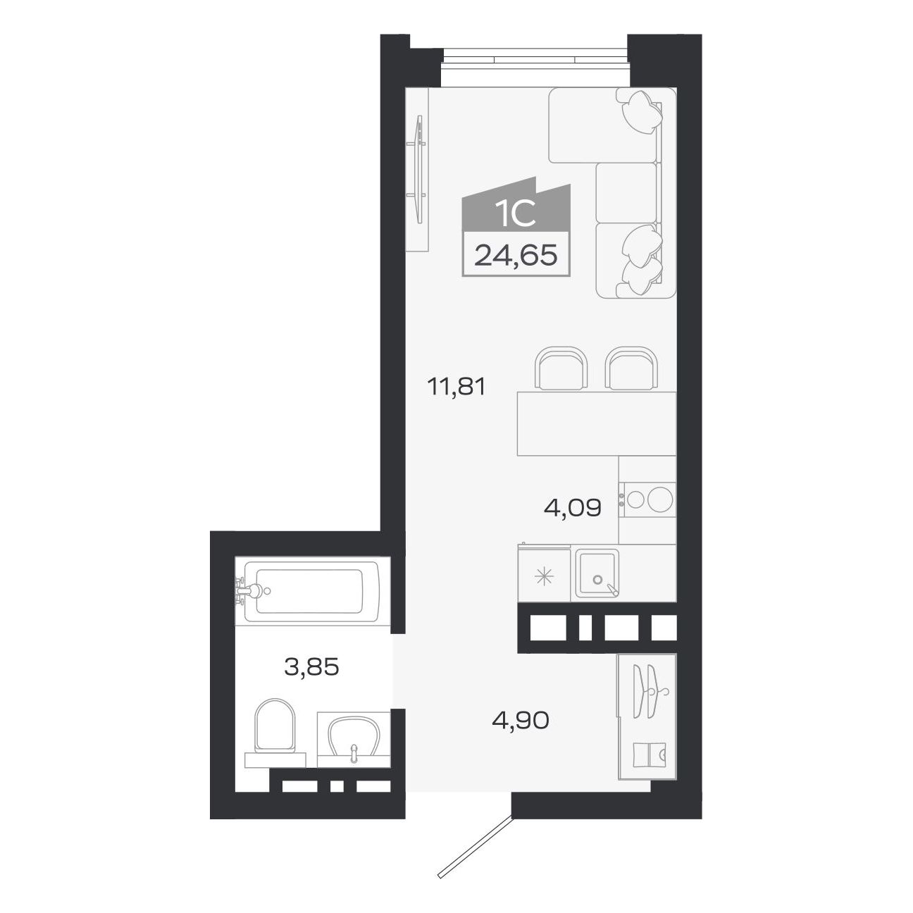 Планировка: Евро-1, 24,65 м²