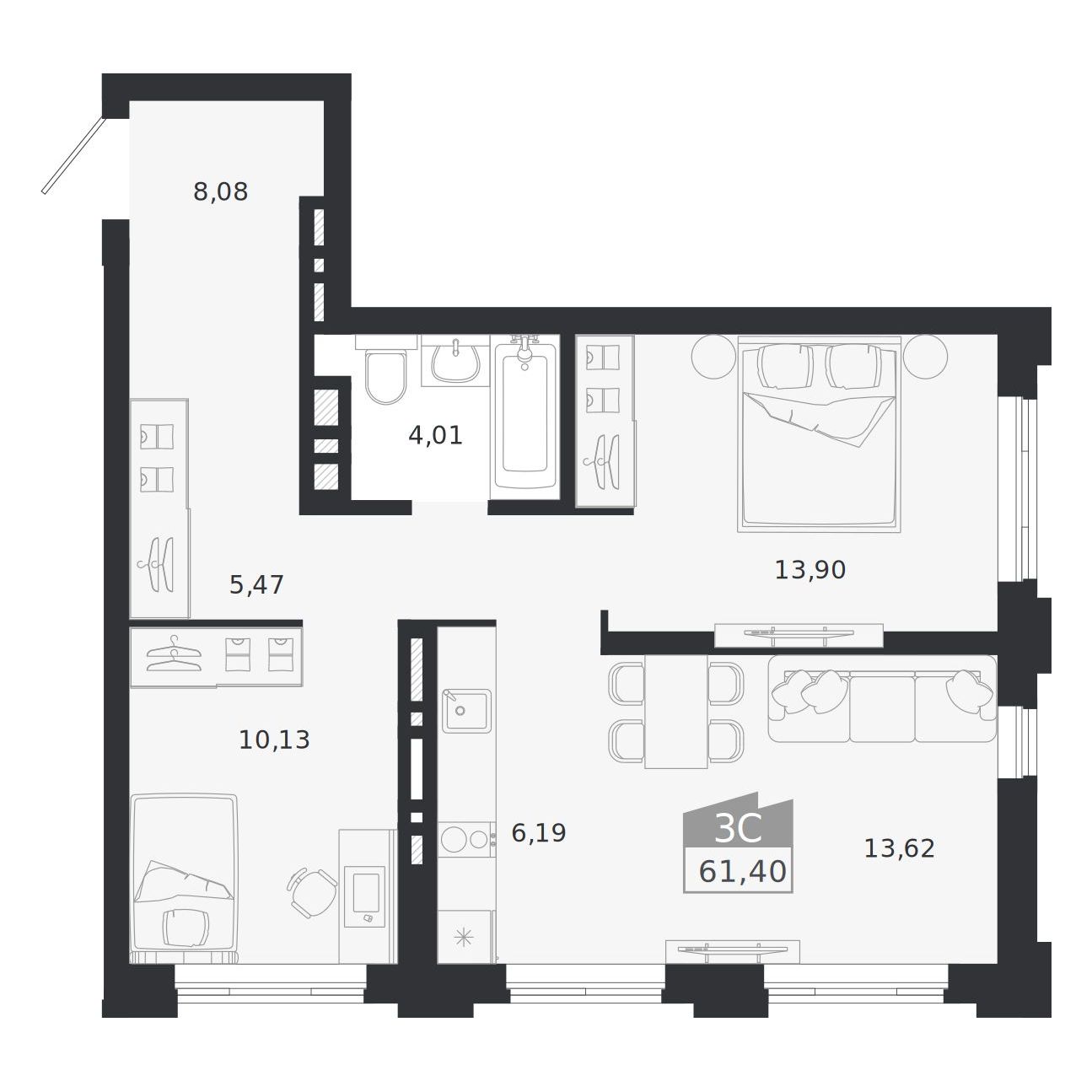 Планировка: 3-комнатная 61,4 м² в ЖК «Ясный берег»
