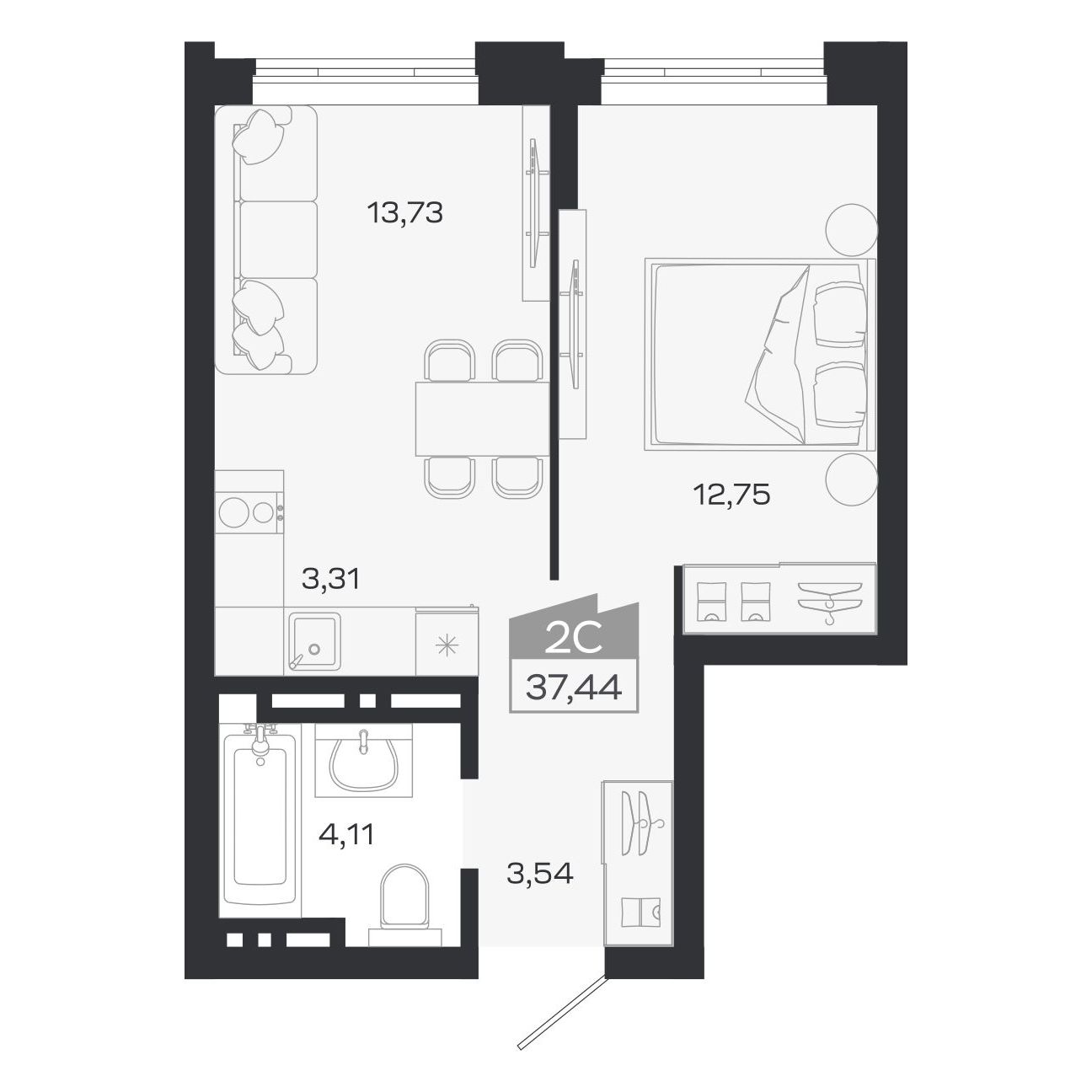 Планировка: Евро-2, 37,44 м²