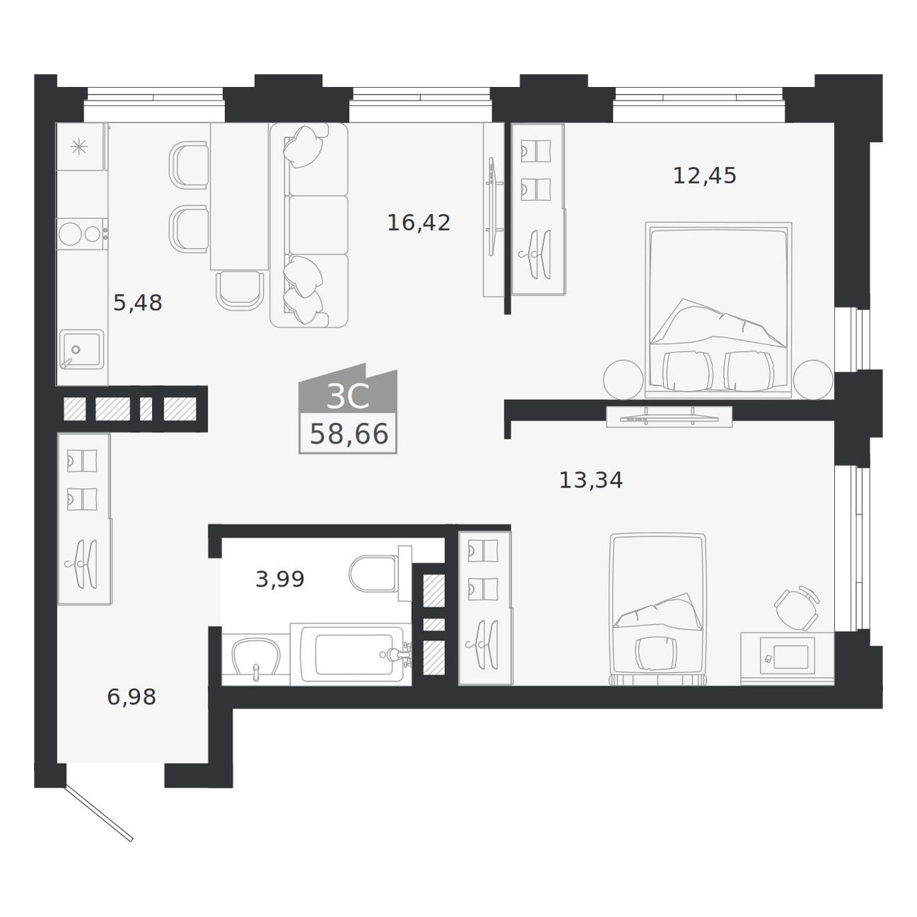 Планировка: 3-комнатная 58,66 м² в ЖК «Ясный берег»