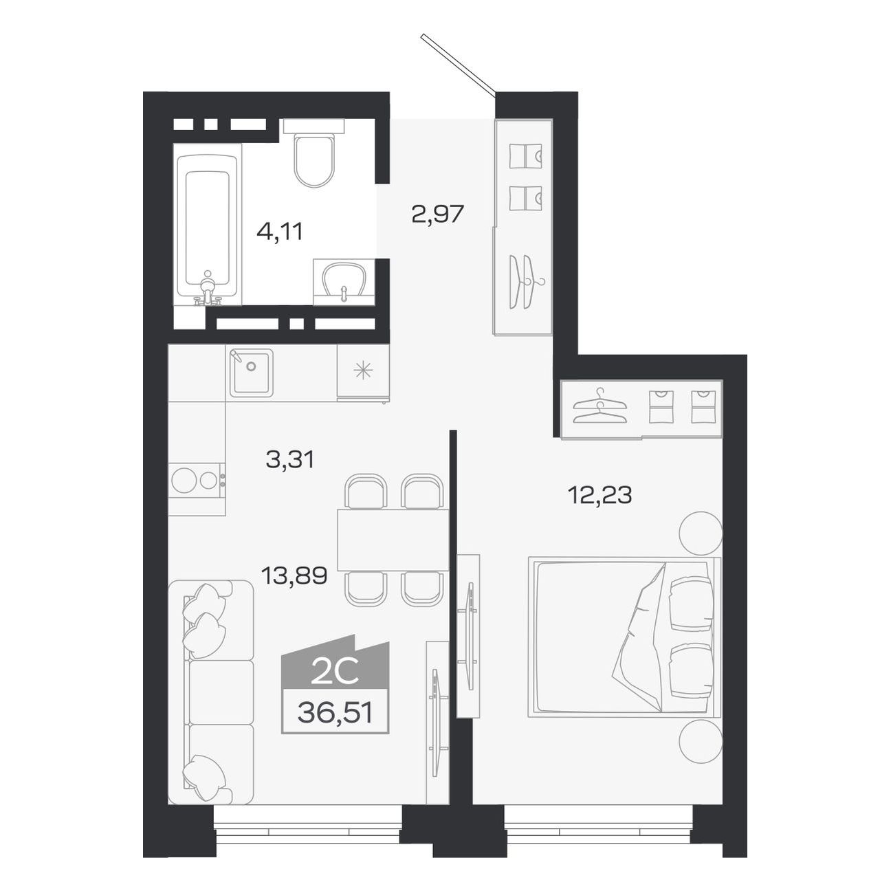 Планировка: Евро-2, 36,51 м²