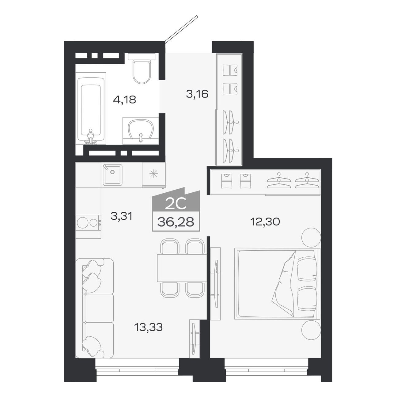 Планировка: Евро-2, 36,28 м²