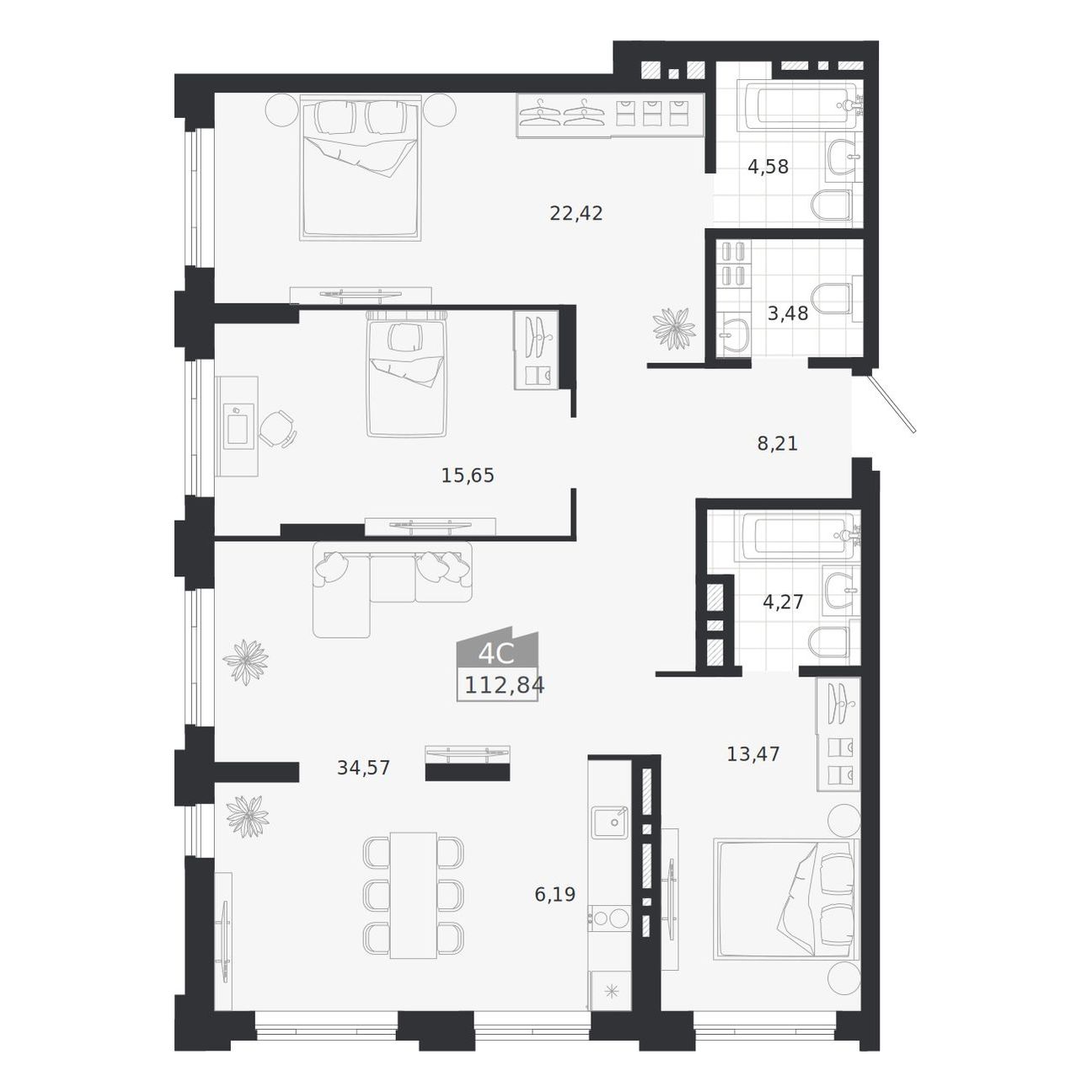 Планировка: 4-комнатная 112,84 м² в ЖК «Ясный берег»
