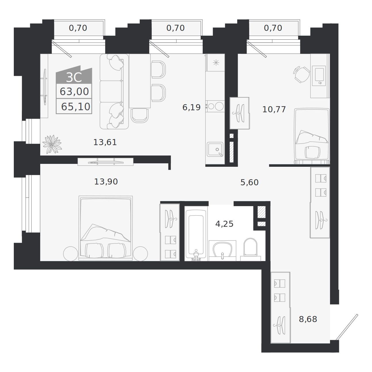 Планировка: 3-комнатная 63 м² в ЖК «Ясный берег»