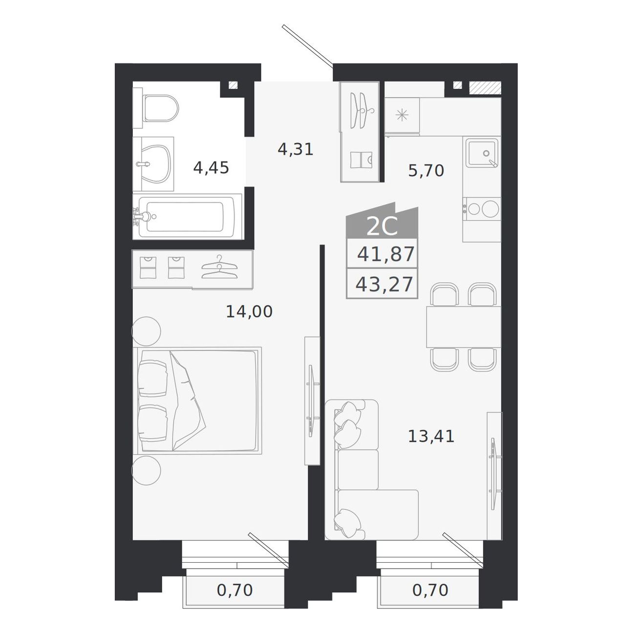 Планировка: 2-комнатная 41,87 м² в ЖК «Ясный берег»