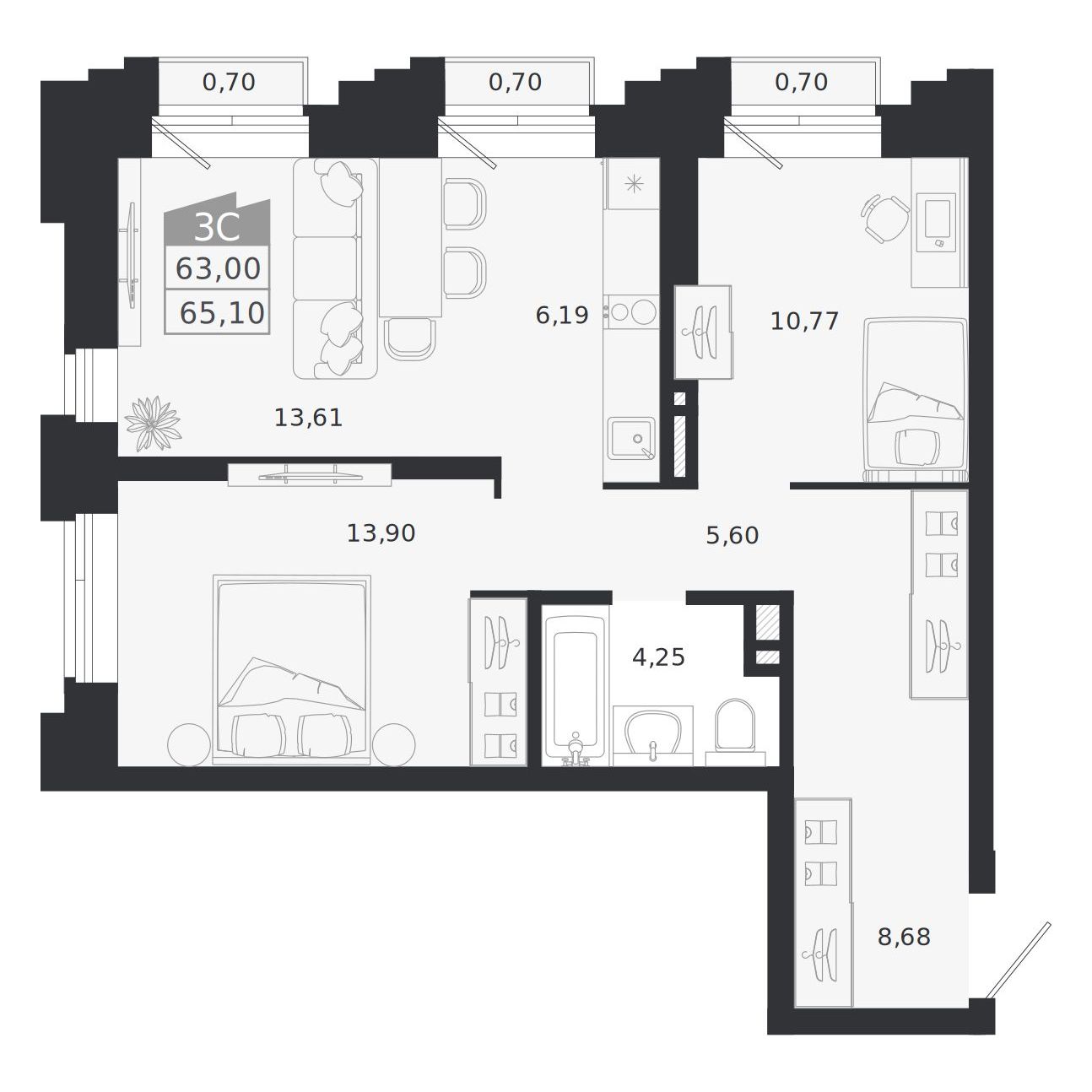 Планировка: 3-комнатная 63 м² в ЖК «Ясный берег»