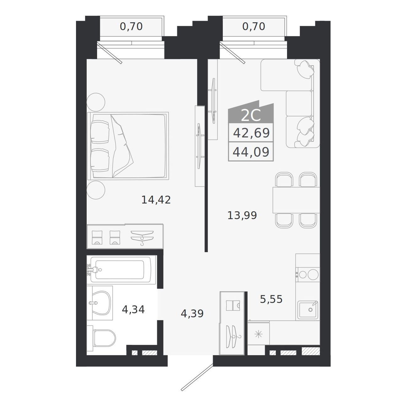 Планировка: 2-комнатная 42,69 м² в ЖК «Ясный берег»