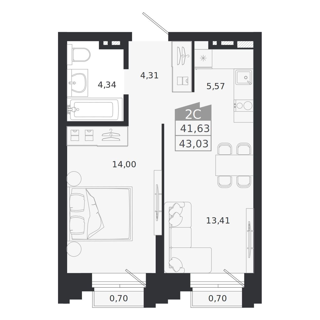 Планировка: 2-комнатная 41,63 м² в ЖК «Ясный берег»