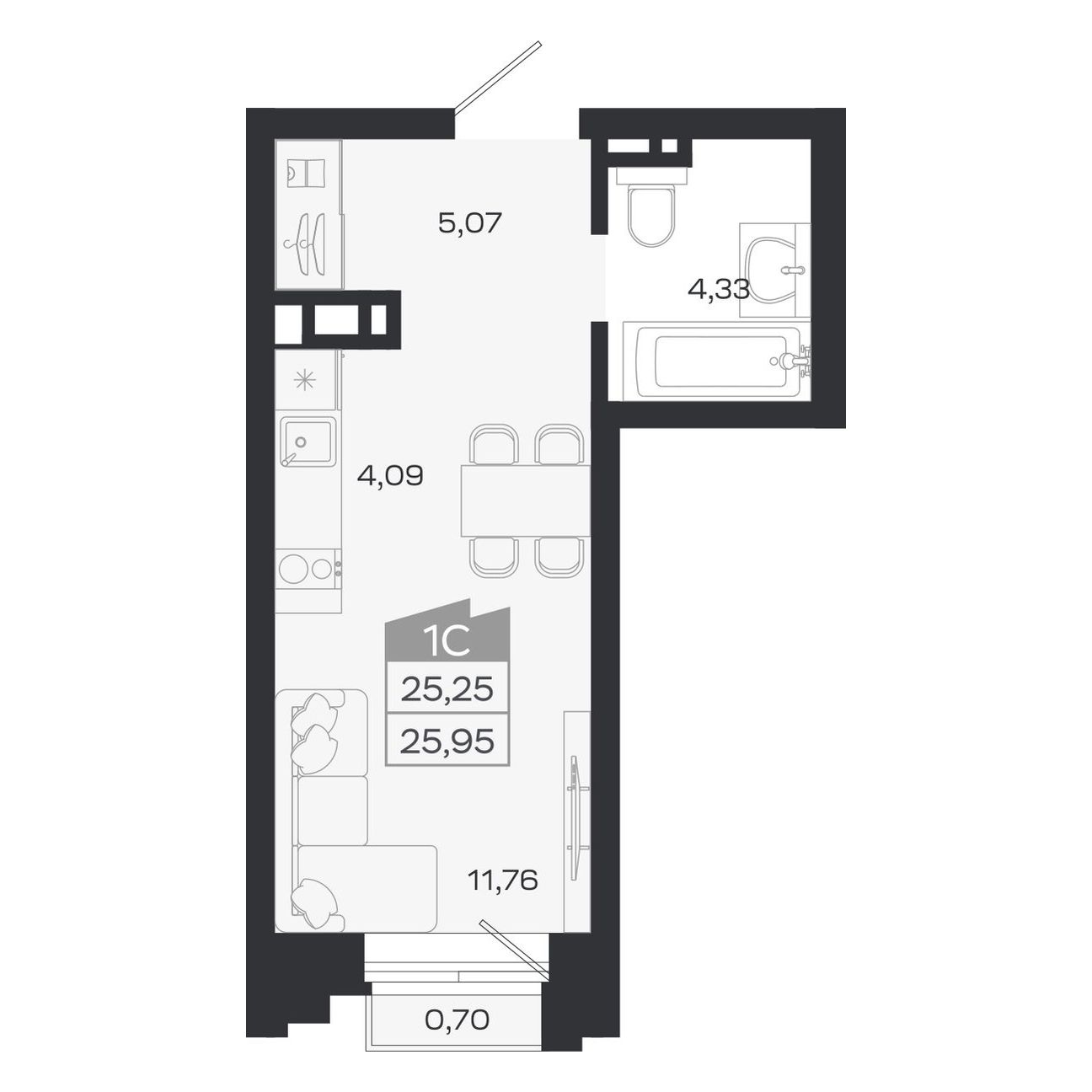 Планировка: Евро-1, 25,25 м²