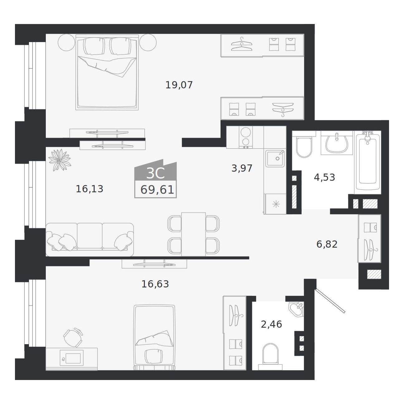 Планировка: 3-комнатная 69,61 м² в ЖК «Ясный берег»
