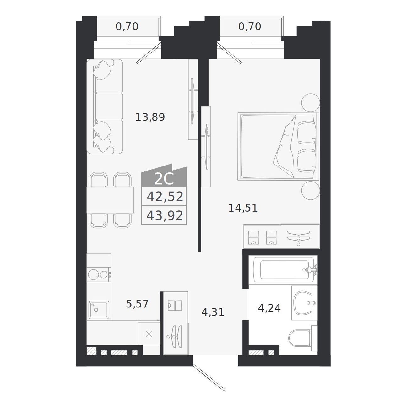 Планировка: 2-комнатная 42,52 м² в ЖК «Ясный берег»