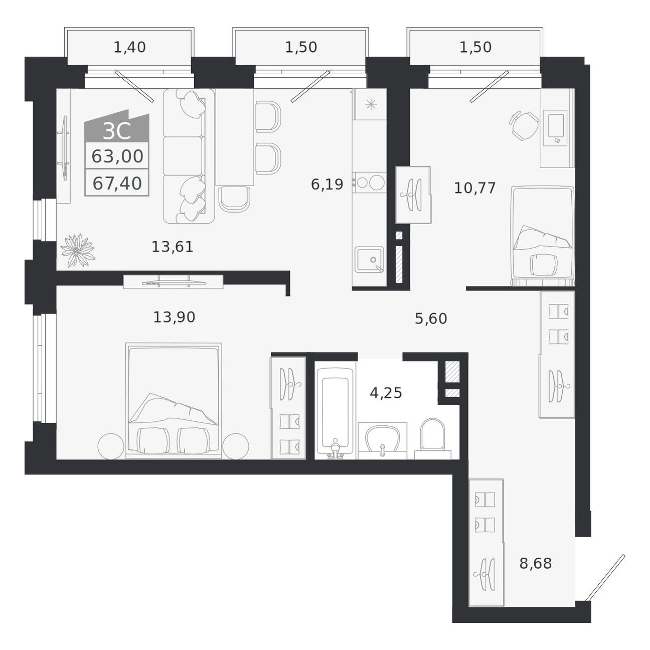 Планировка: 3-комнатная 63 м² в ЖК «Ясный берег»