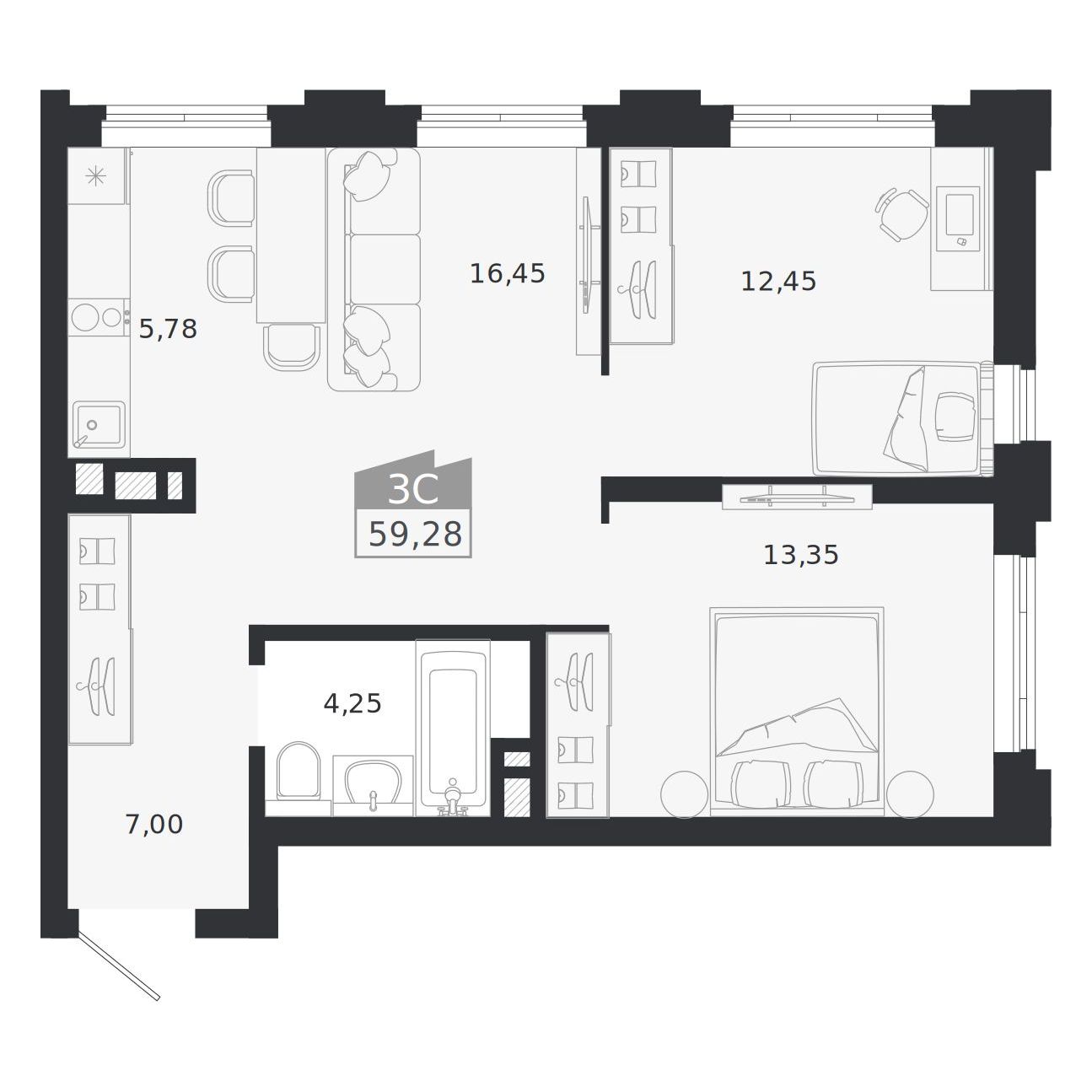 Планировка: 3-комнатная 59,28 м² в ЖК «Ясный берег»
