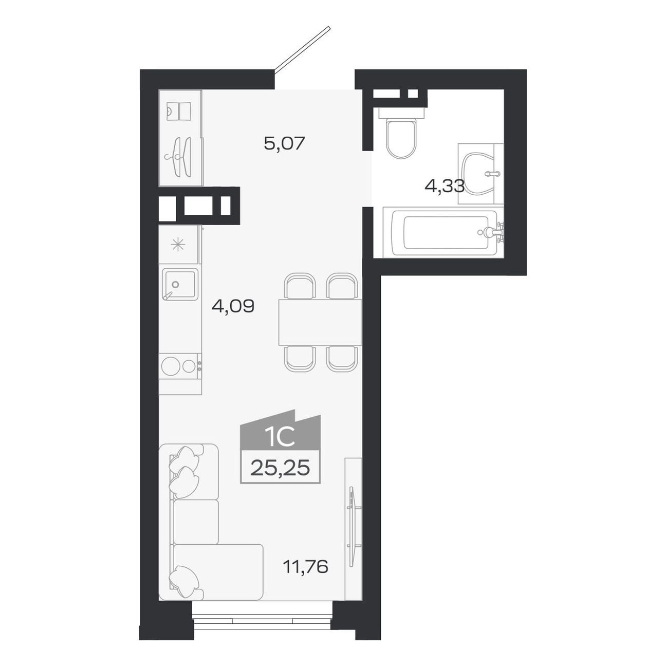 Планировка: Евро-1, 25,25 м²