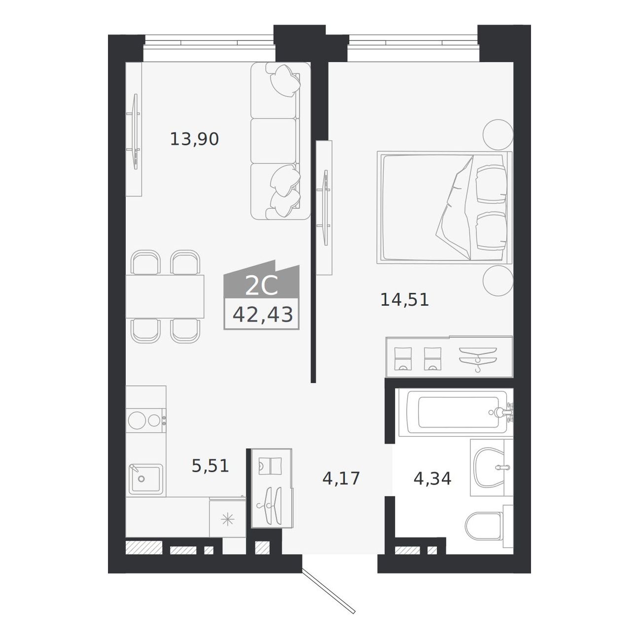 Планировка: Евро-2, 42,43 м²