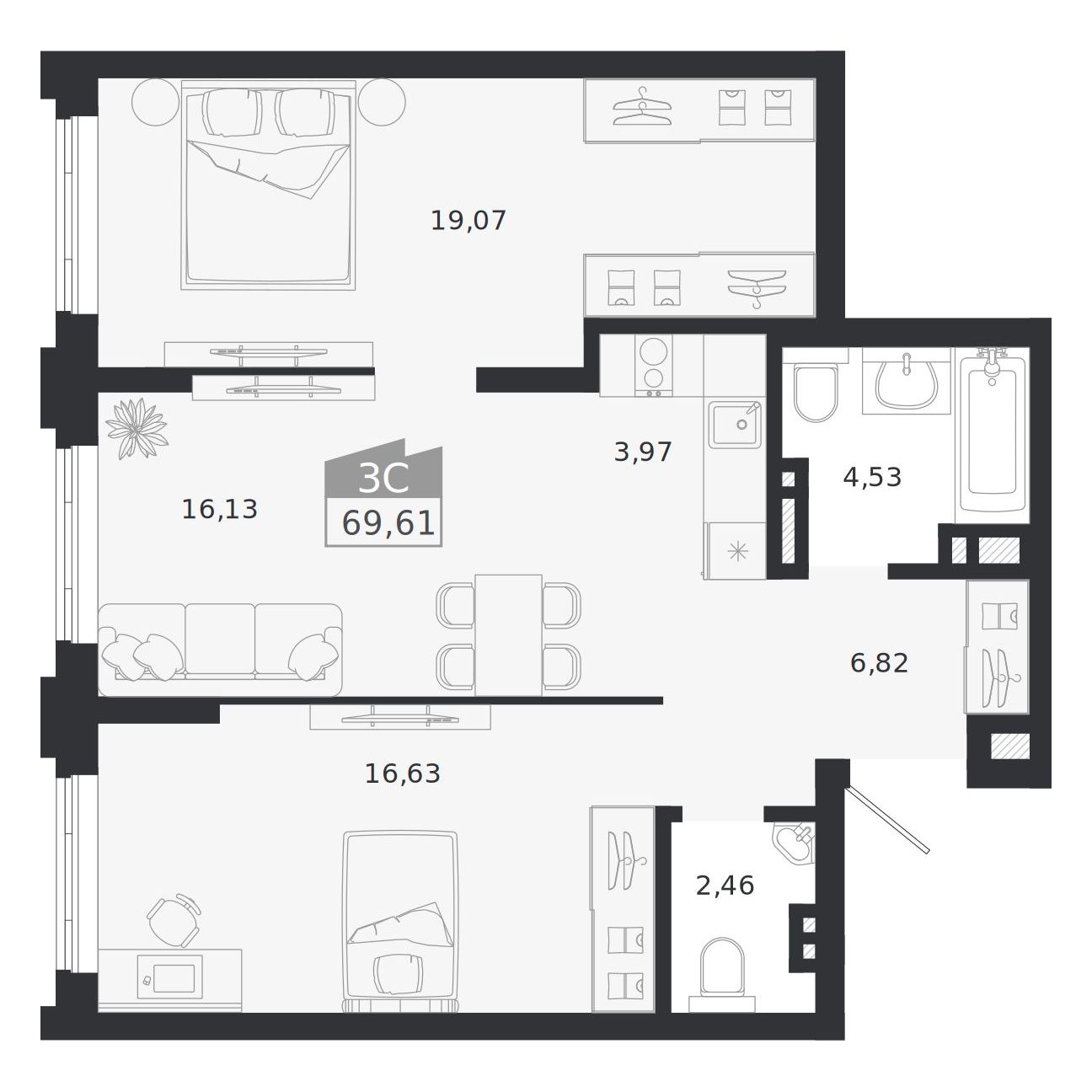 Планировка: 3-комнатная 69,61 м² в ЖК «Ясный берег»