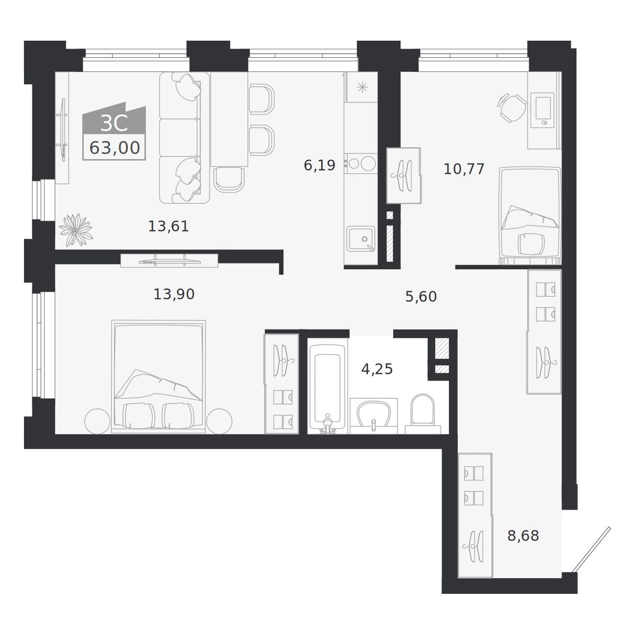 Планировка: 3-комнатная 63 м² в ЖК «Ясный берег»