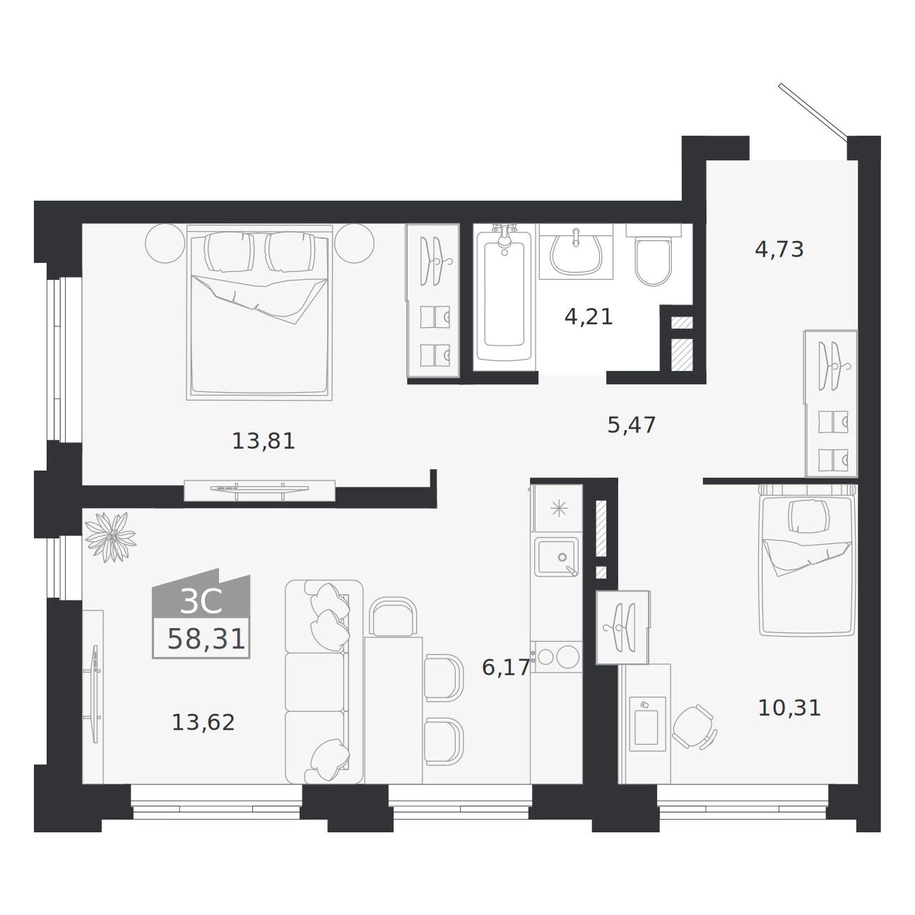 Планировка: 3-комнатная 58,31 м² в ЖК «Ясный берег»