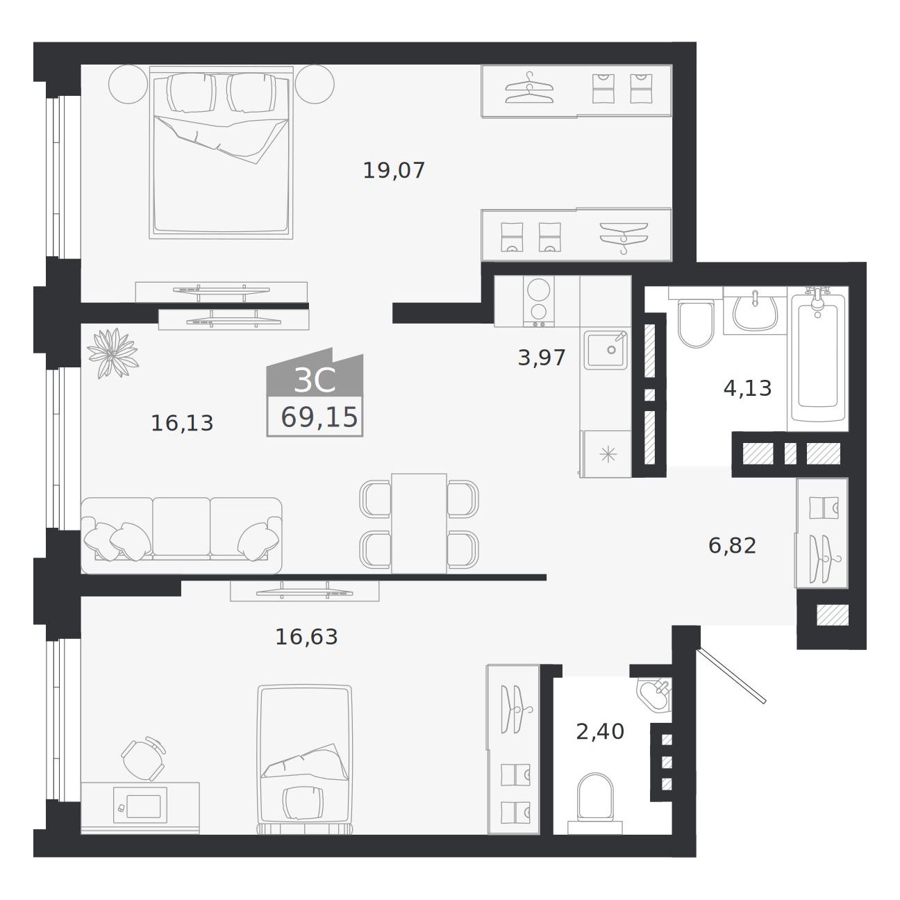 Планировка: 3-комнатная 69,15 м² в ЖК «Ясный берег»