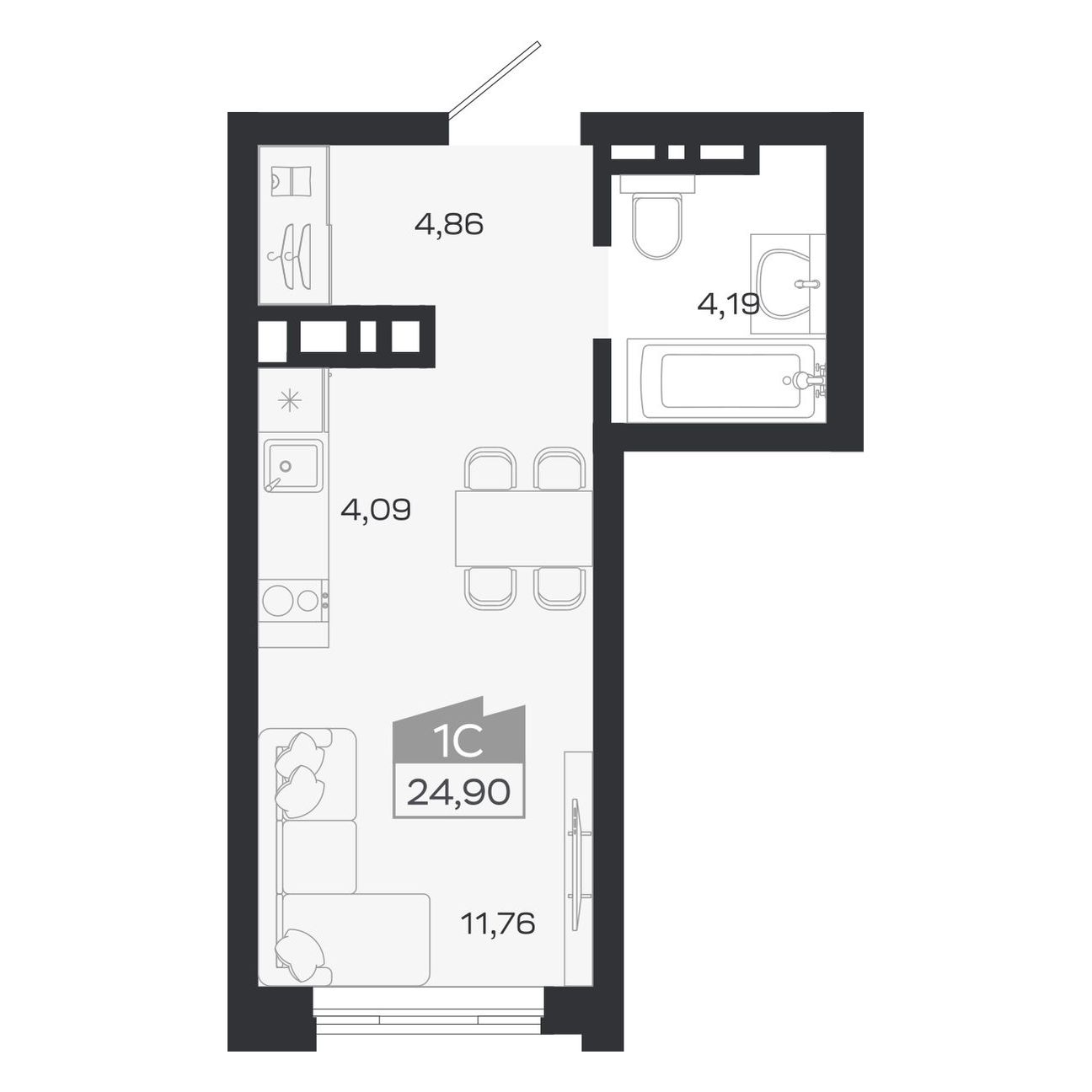 Планировка: Евро-1, 24,9 м²