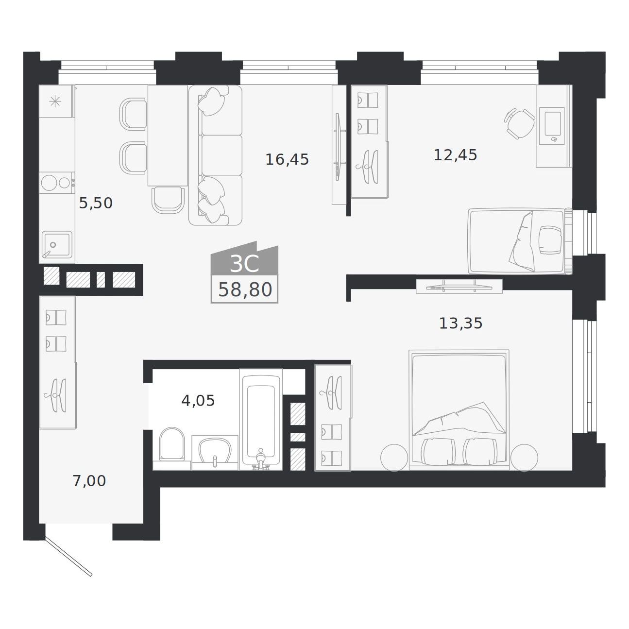 Планировка: 3-комнатная 58,8 м² в ЖК «Ясный берег»