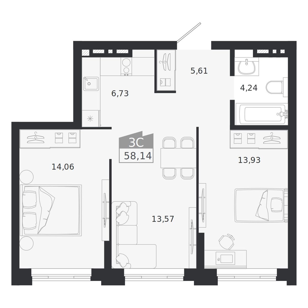 Планировка: 3-комнатная 58,14 м² в ЖК «Ясный берег»