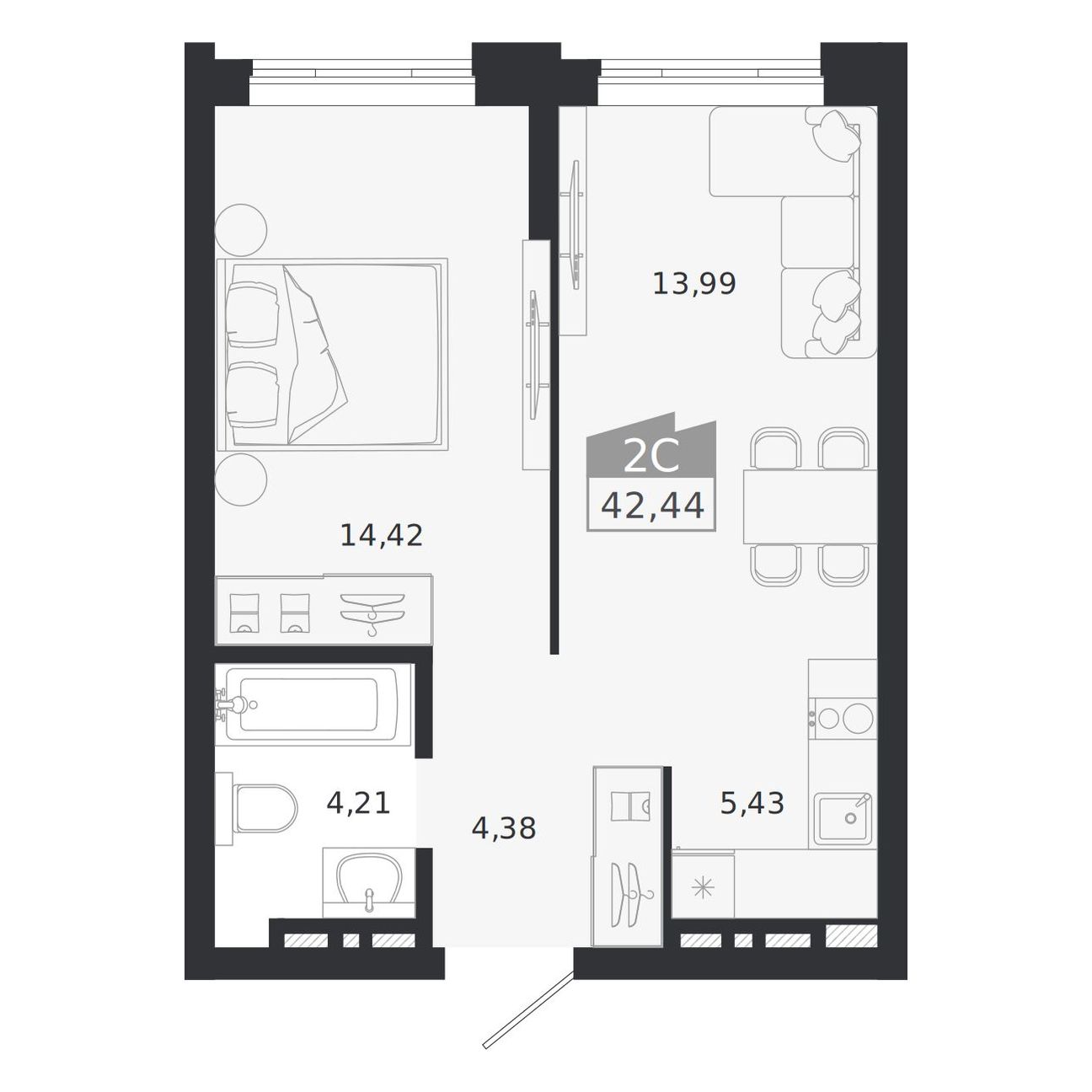 Планировка: 2-комнатная 42,44 м² в ЖК «Ясный берег»