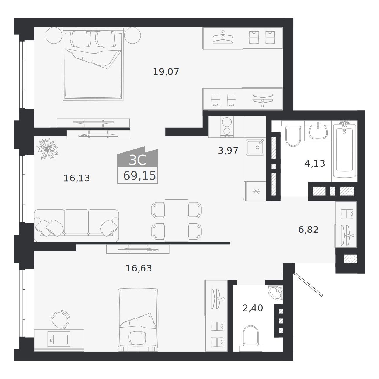 Планировка: 3-комнатная 69,15 м² в ЖК «Ясный берег»