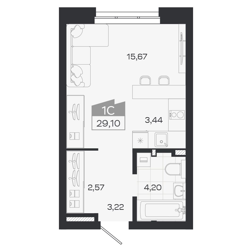 Планировка: Евро-1, 29,1 м²