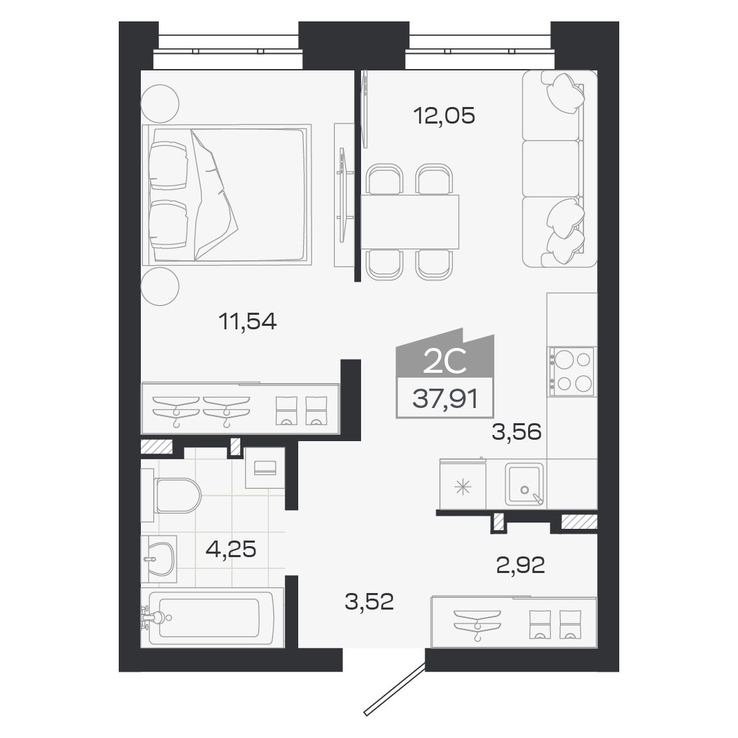 Планировка: Евро-2, 37,91 м²