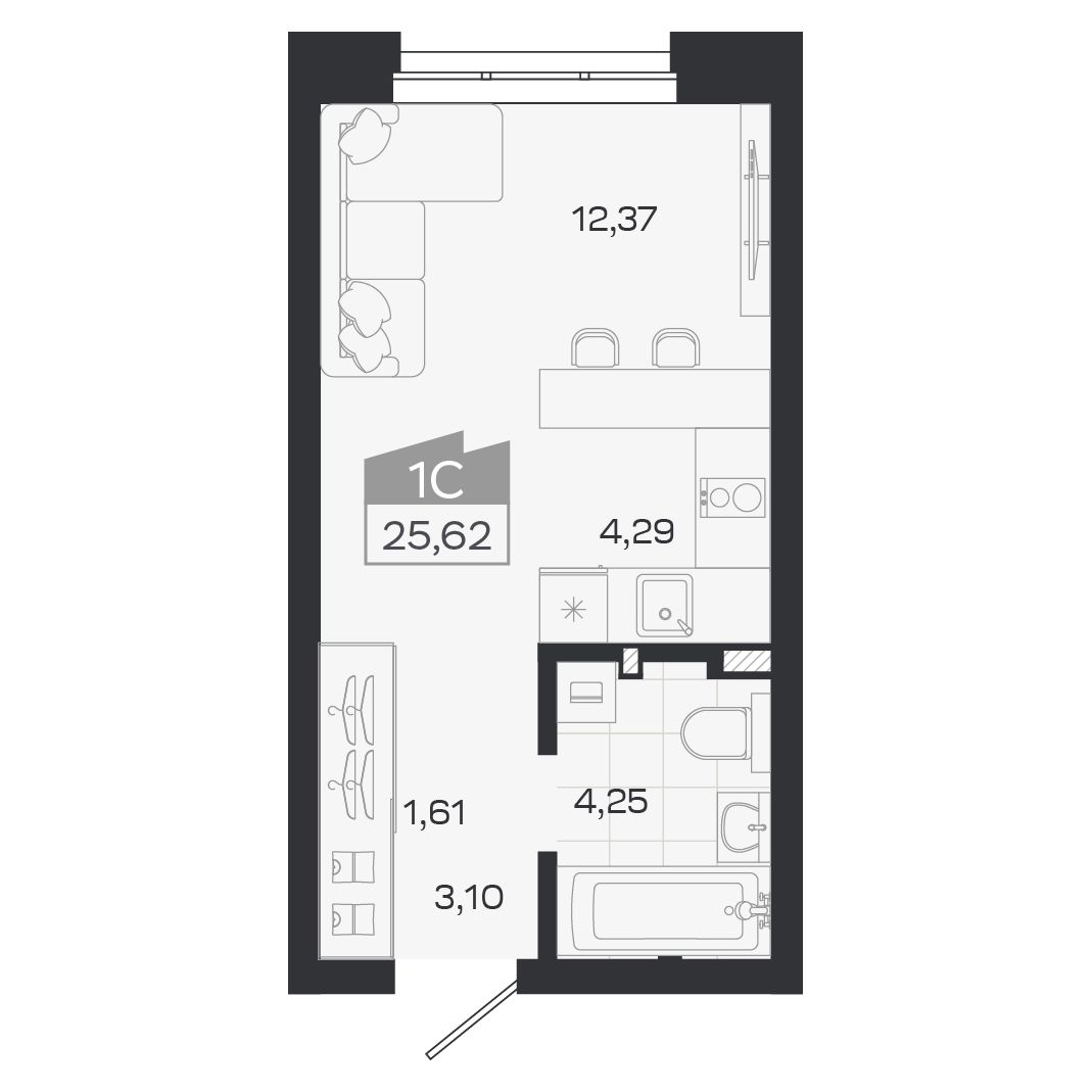 Планировка: Евро-1, 25,62 м²