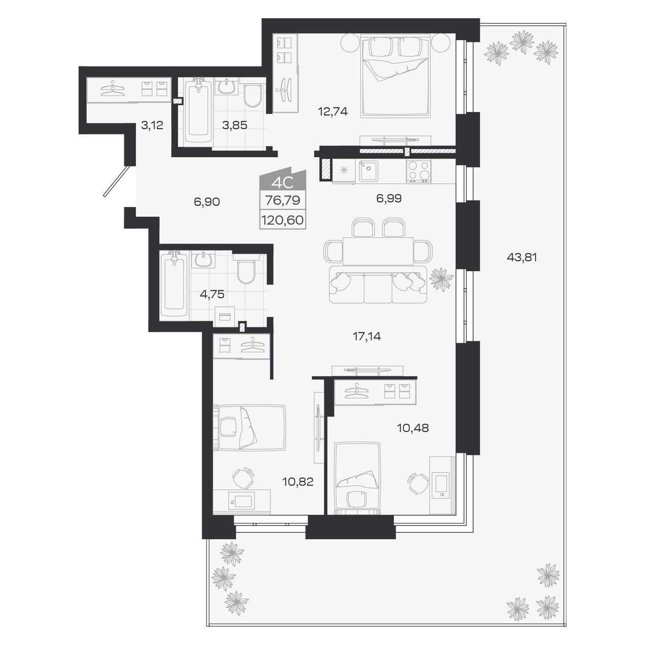Планировка: Евро-4, 76,79 м²