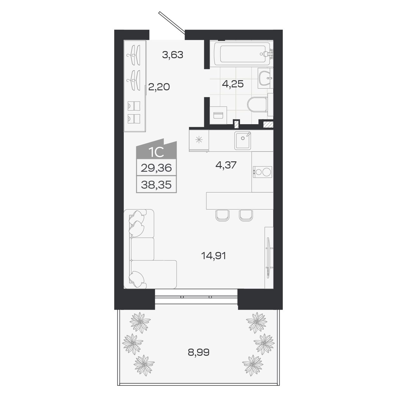 Планировка: Евро-1, 29,36 м²
