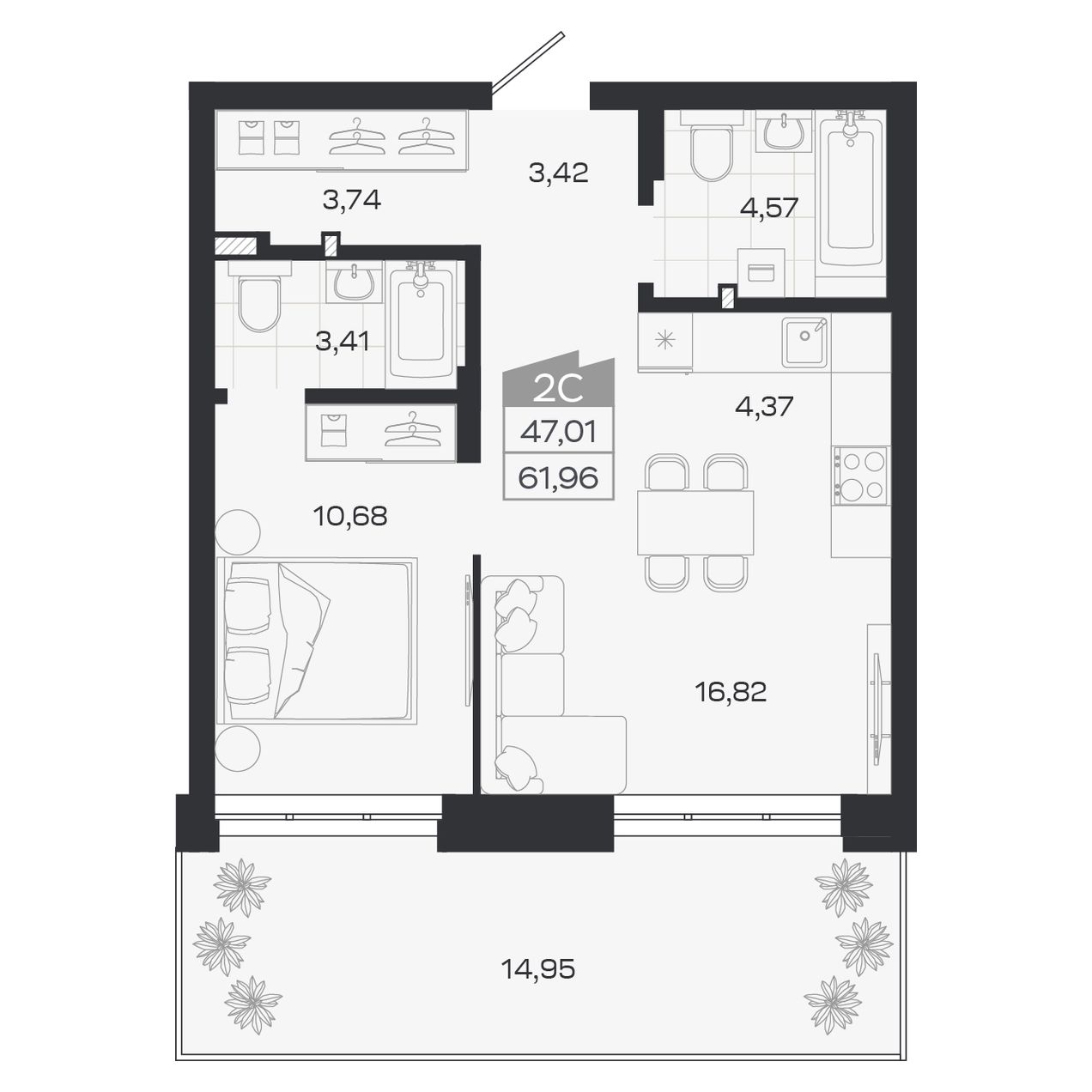 Планировка: Евро-2, 47,01 м²