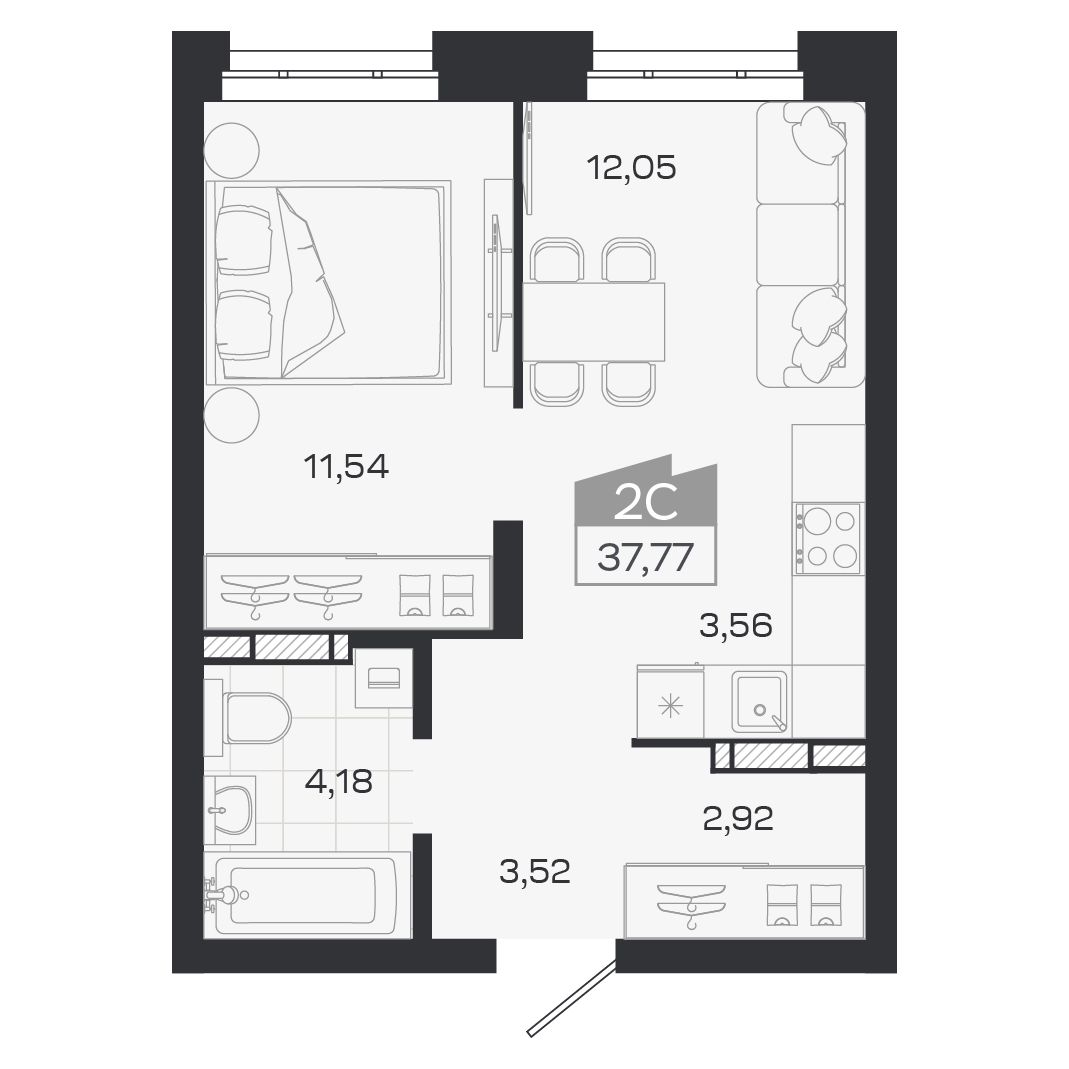 Планировка: Евро-2, 37,77 м²